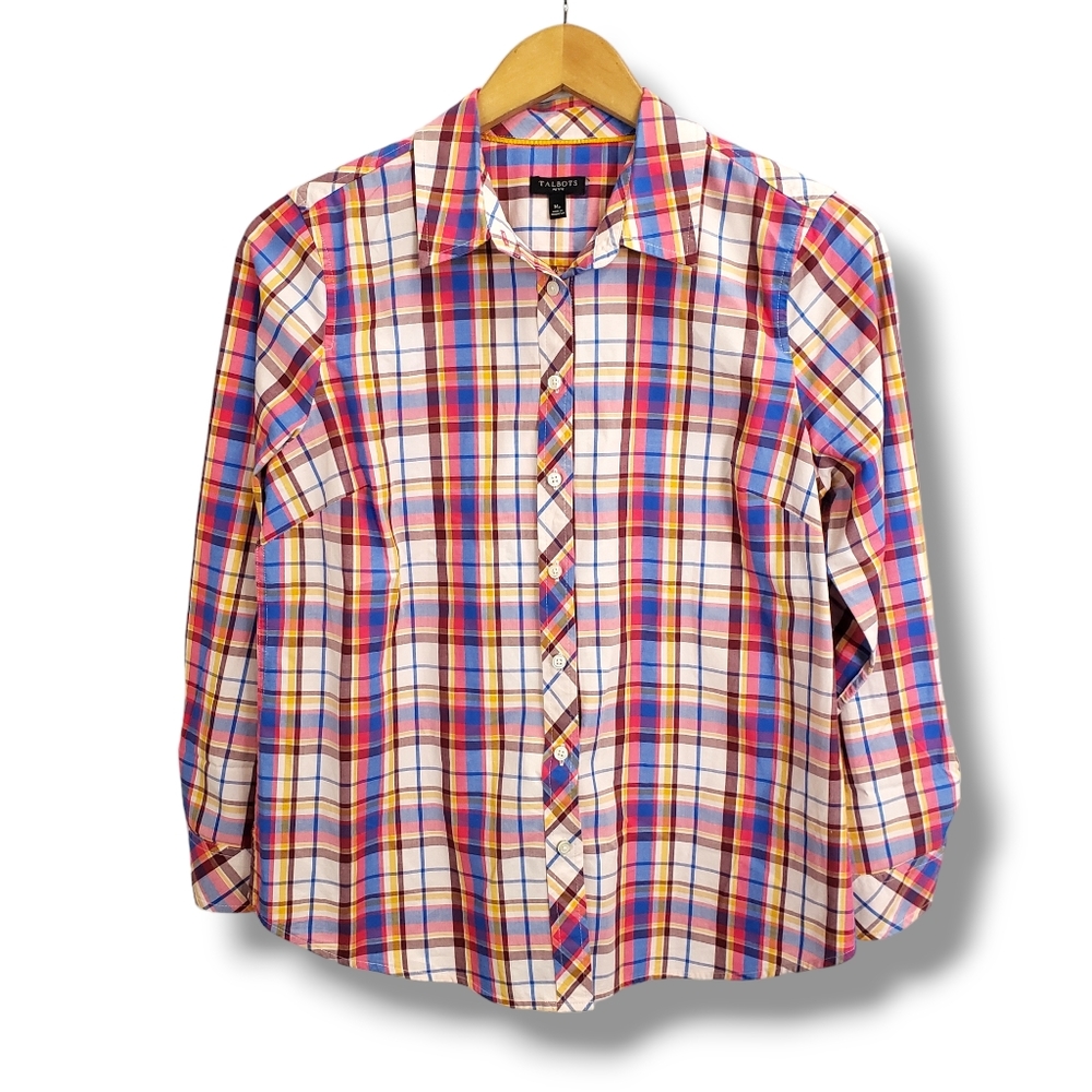 Talbots Cream Plaid Button-up Top Size Medium Petite